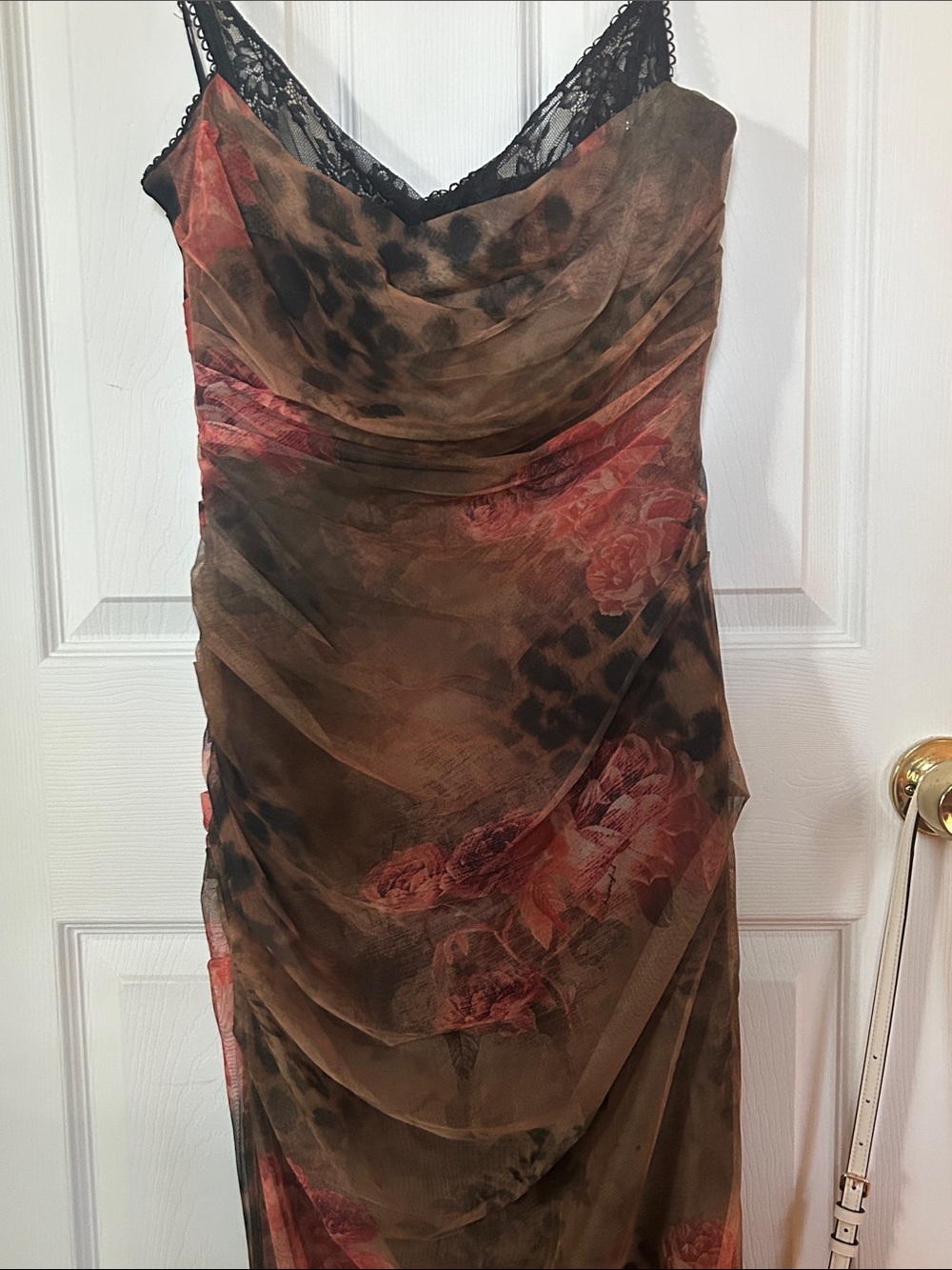 House of CB Brown long Dress with Red Floral Accents